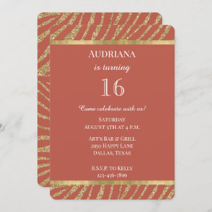 Orange Spice Gold Glitter Zebra Animal Birthday Invitation