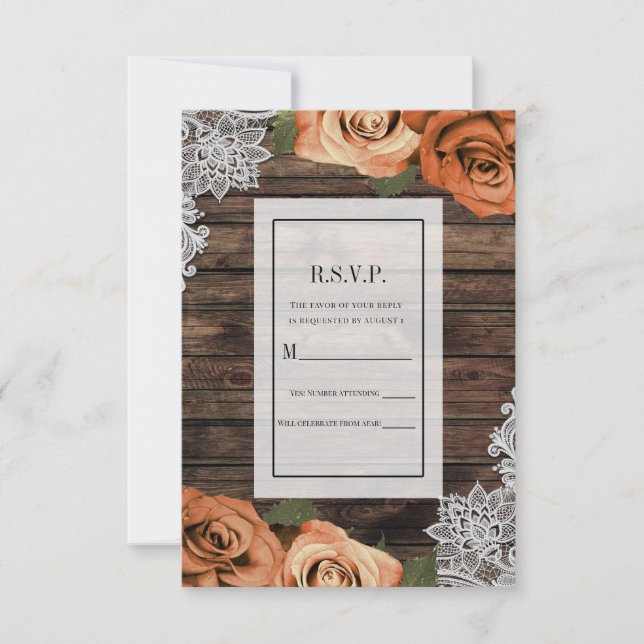 Orange Spice Roses Rustic Wood Lace RSVP Reply Invitation (Front)