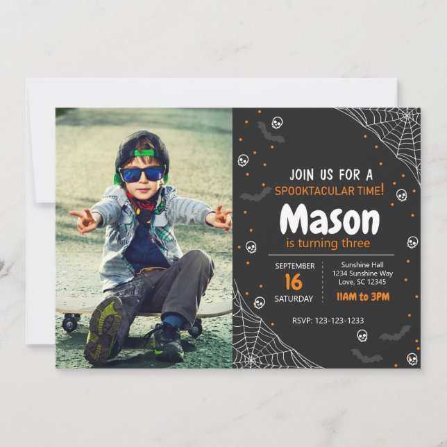 Orange Spider Halloween Birthday Invite with photo (Front)
