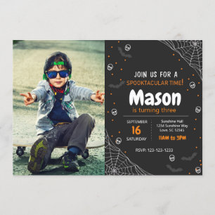 Orange Spider Halloween Birthday Invite with photo