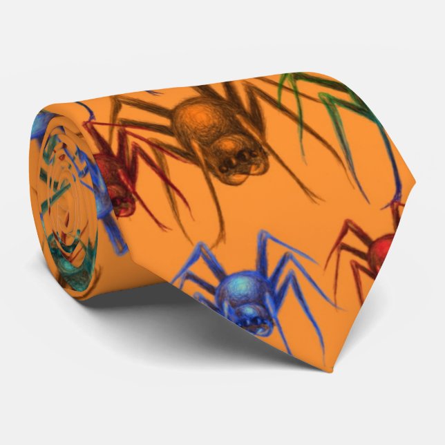 Orange Spider Pattern Spooky Funny Halloween Tie (Rolled)
