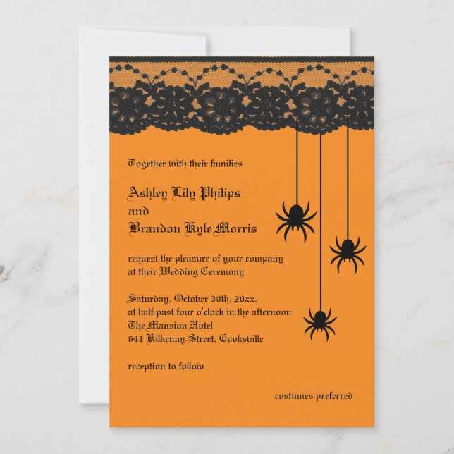Orange Spiders and Lace Wedding Invitation (Front)