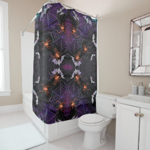 Orange Spiders Purple Web Bats Gothic Halloween Shower Curtain