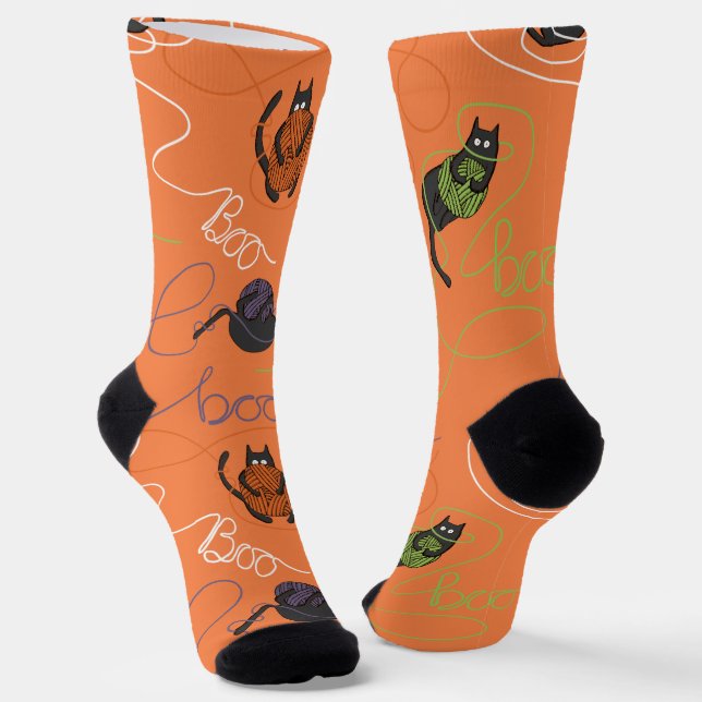 Orange Spooky "Boo-tifully Tangled Kitty Halloween Socks (Angled)
