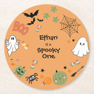 Orange Spooky One Cute Halloween 1st Birthday Round Paper Coaster