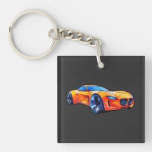 Orange Sports Car Concept Pencil Sketch Key Ring