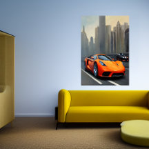 Orange sports cars on the road | AI Art Poster