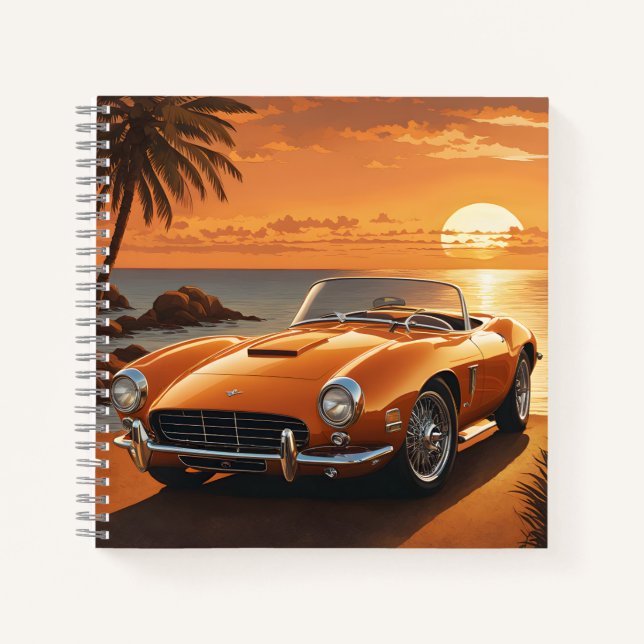 Orange Sportscar Sunset Tropical Beach Notebook (Front)