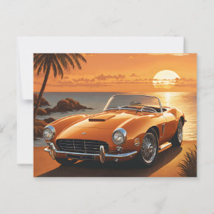 Orange Sportscar Sunset Tropical Beach Postcard