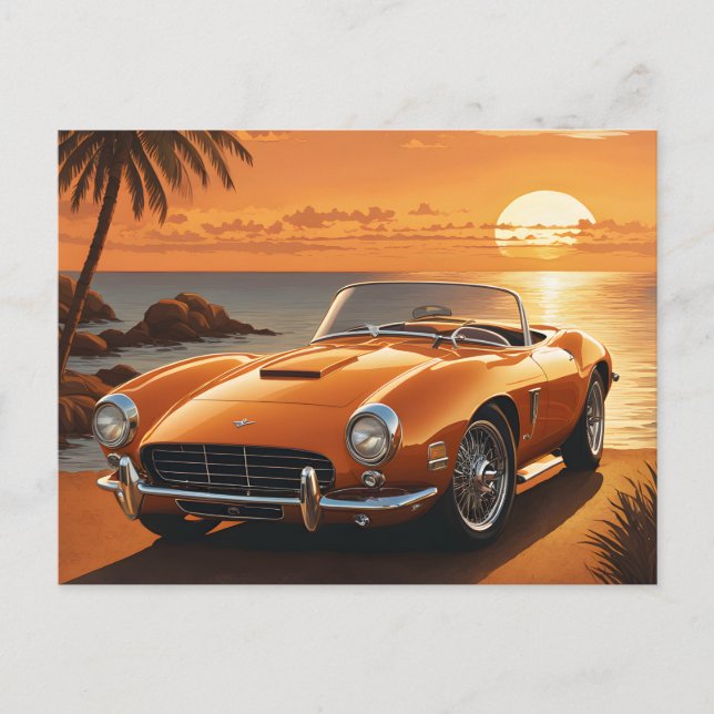 Orange Sportscar Sunset Tropical Beach Postcard (Front)