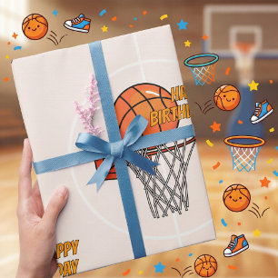 Orange Sporty Basketball Hoop Happy Birthday Wrapping Paper