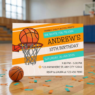 Orange Sporty Basketball Kids Birthday Invitation