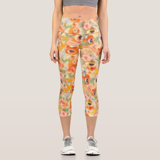 Orange Spring Flowers Capri Leggings (Front)