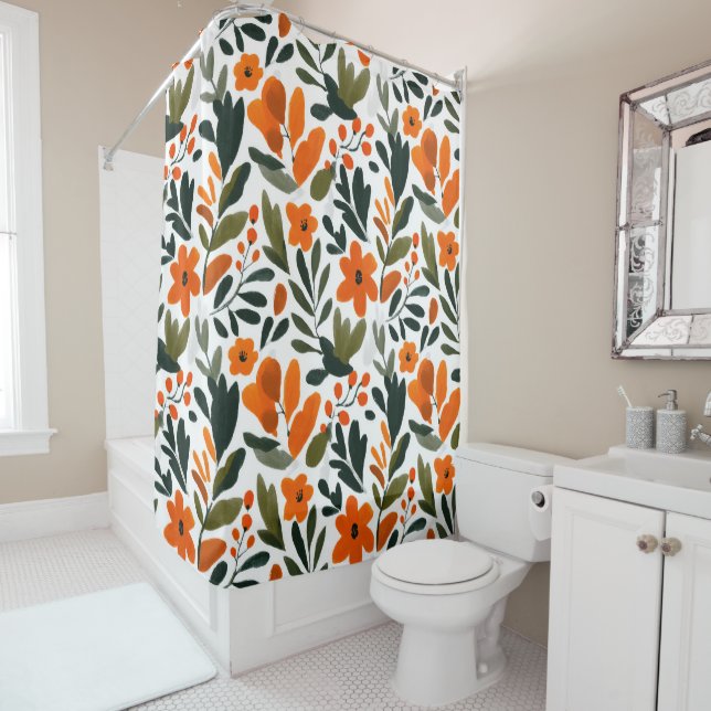 Orange Spring Flowers Pattern Floral Elegant Shower Curtain (In Situ)