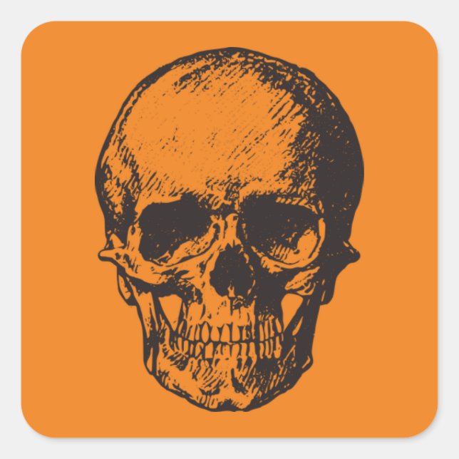 ORANGE SQUARE HALLOWEEN SKULL STICKER HAND DRAWN (Front)