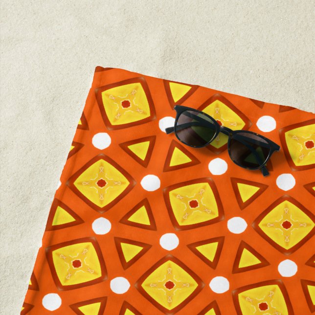Orange square & triangle naïve retro pattern beach towel (In Situ)