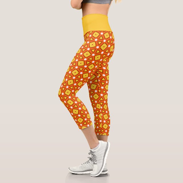 Orange square & triangle naïve retro pattern capri leggings (Left)