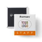 Orange Staff Pinback Badge with Logo Square Button