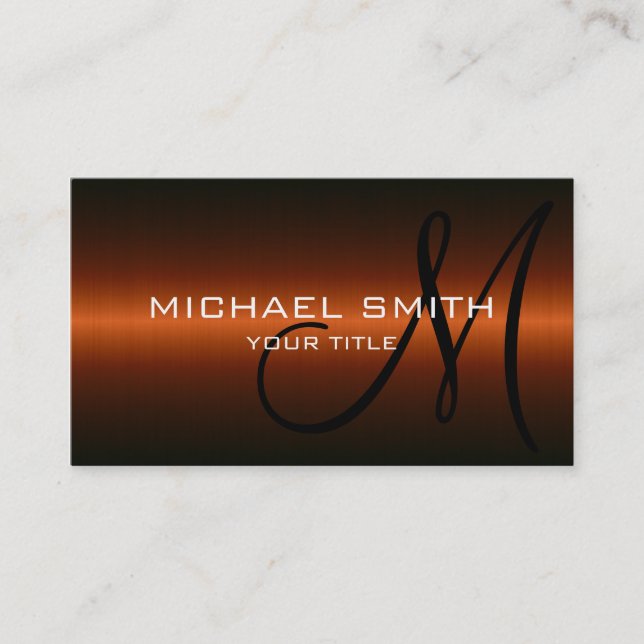 Orange Stainless Steel Metal Monogram Business Card (Front)