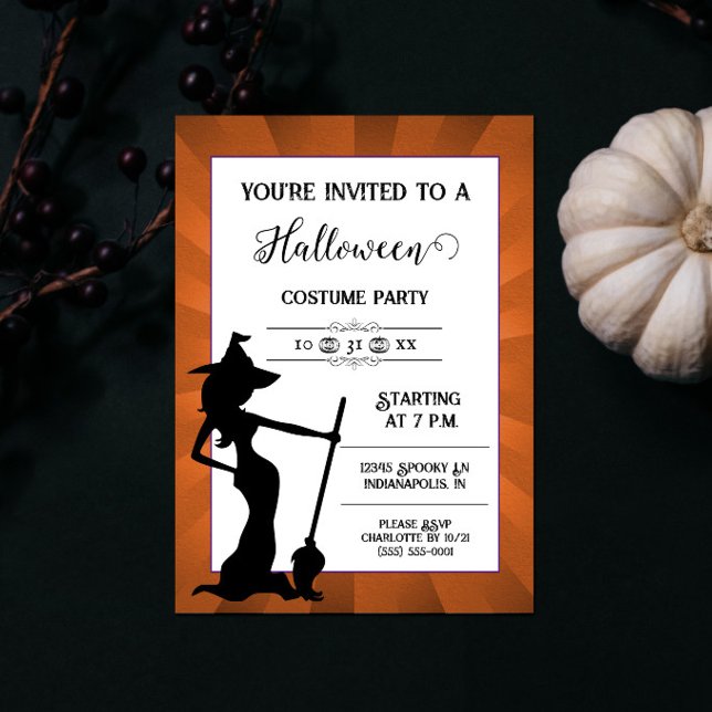 Orange Starburst Witch Halloween Party Invitation (Orange Starburst Witch Halloween Party Invite)