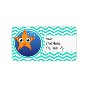 Orange Starfish; Aqua Green Chevron Label