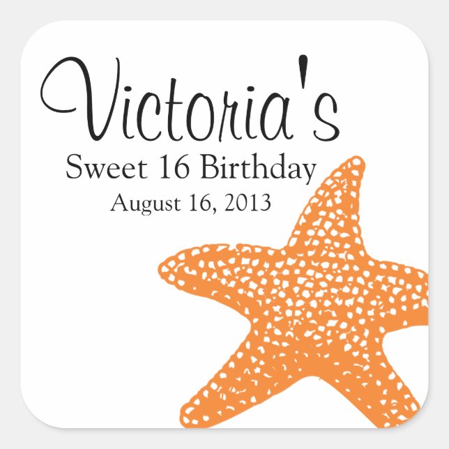 Orange Starfish Beach Birthday Square Sticker (Front)