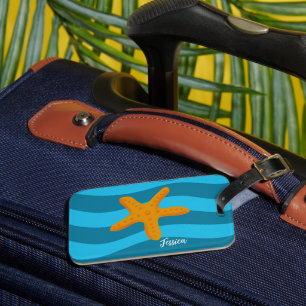 Orange Starfish Blue Waves Luggage Tag