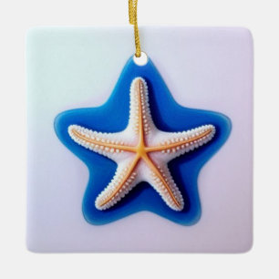 Orange Starfish in Blue Ceramic Ornament
