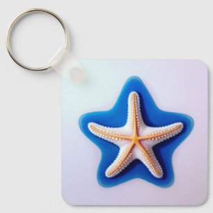 Orange Starfish in Blue Key Ring