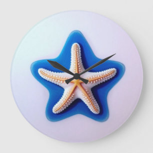 Orange Starfish in Blue Large Clock