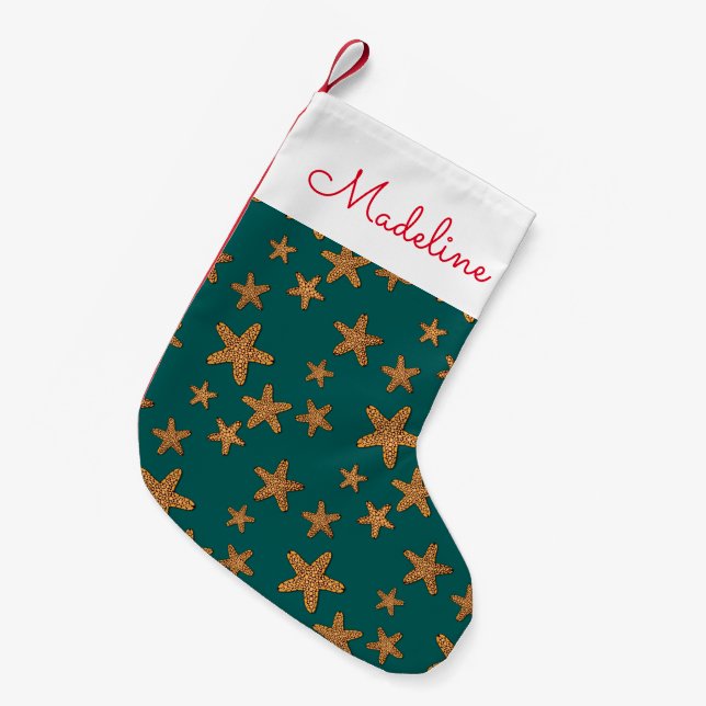 Orange Starfish Pattern | Add Your Name Small Christmas Stocking (Front (Hanging))