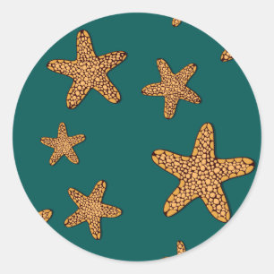 Orange Starfish Pattern Classic Round Sticker