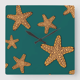 Orange Starfish Pattern Square Wall Clock