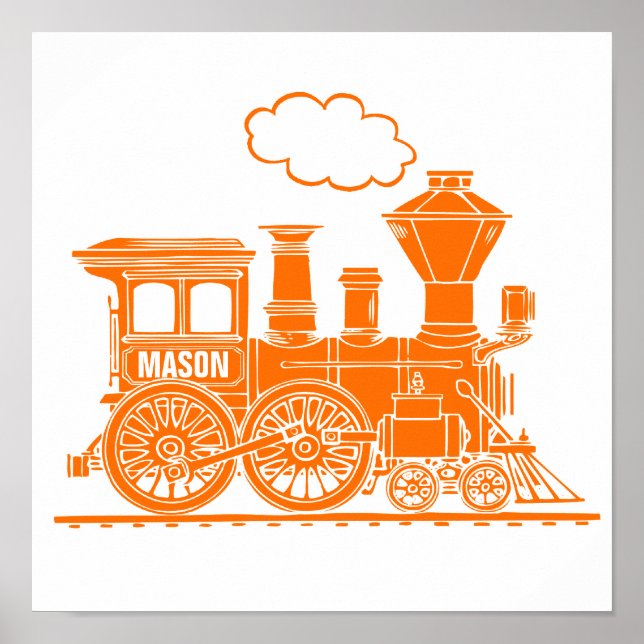Orange steam train personalized boys nursery art poster (Front)