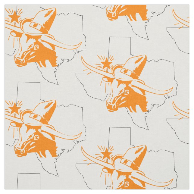 Orange Steer Head With Cowboy Hat In Texas Shape Fabric (Swatch)