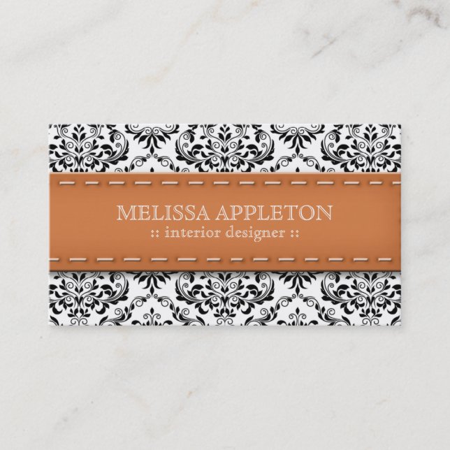 Orange Stitched Damask Interior Designer Business Card (Front)