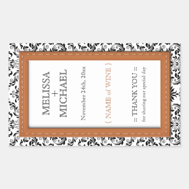 Orange Stitched Damask vertical Wedding Wine Label (Front)