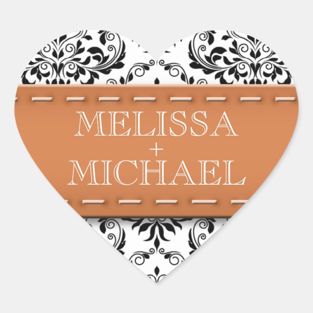Orange Stitched Damask Wedding Heart Envelope Seal (Front)