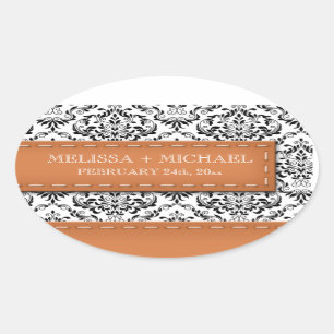 Orange Stitched Damask Wedding Large Favour Sticke Oval Sticker