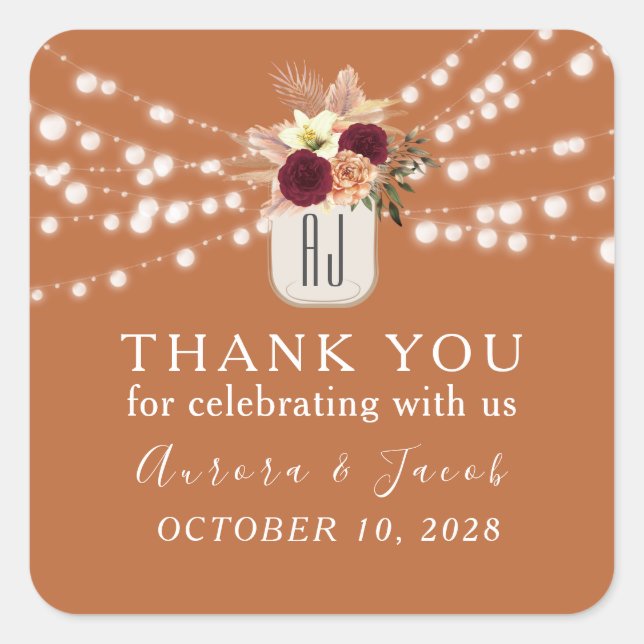 Orange String Lights Wedding Thank You Square Sticker (Front)