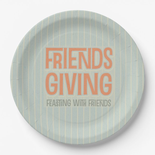 Orange Stripe Friendsgiving Feasting With Friends Paper Plate (Front)
