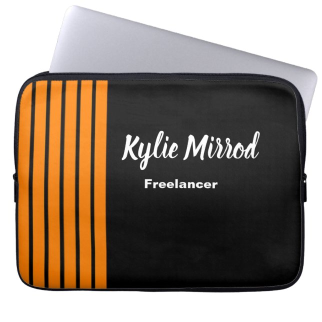 Orange stripe lines black laptop sleeve (Front)