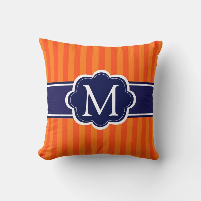 Orange Stripes Navy Blue Custom Monogram Initial Cushion (Front)
