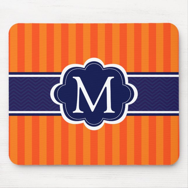 Orange Stripes Navy Blue Custom Monogram Initial Mouse Mat (Front)