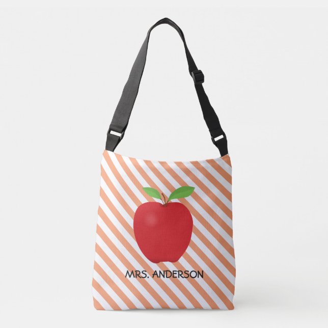 Orange Stripes, Red Apple Personalised Teacher Crossbody Bag (Front)