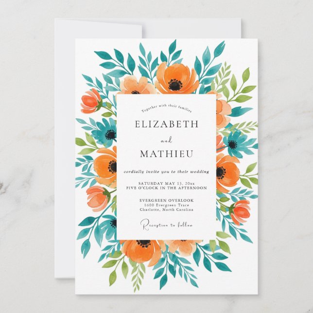 Orange Sublime Summer Botanical Wedding Invitation (Front)