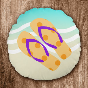 Orange Summer Beach Waves Flip Flops Decorative Round Cushion