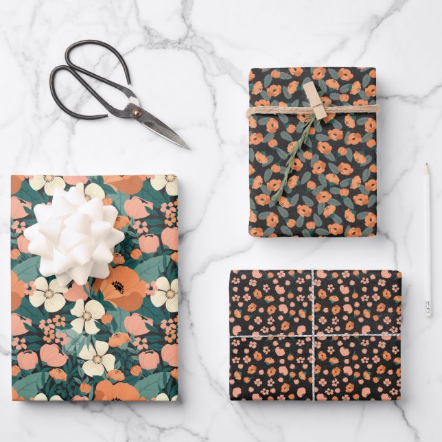 Orange Summer Floral Wrapping Paper Sheet (Front)