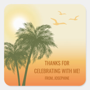 Orange Summer Sunset Palm Trees Birthday Thank You Square Sticker