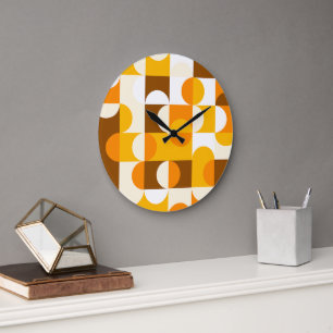 Orange Summer Yellow Dark Brown Retro Art Pattern Large Clock